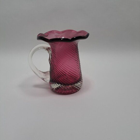 Pilgrim Cranberry Swirl Glass Small Pitcher Applied Handle Vintage - Picture 3 of 12